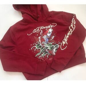 Ed Hardy Womens Koi Fish Cropped Hoodie Maroon Red EHWR1501-8 Large